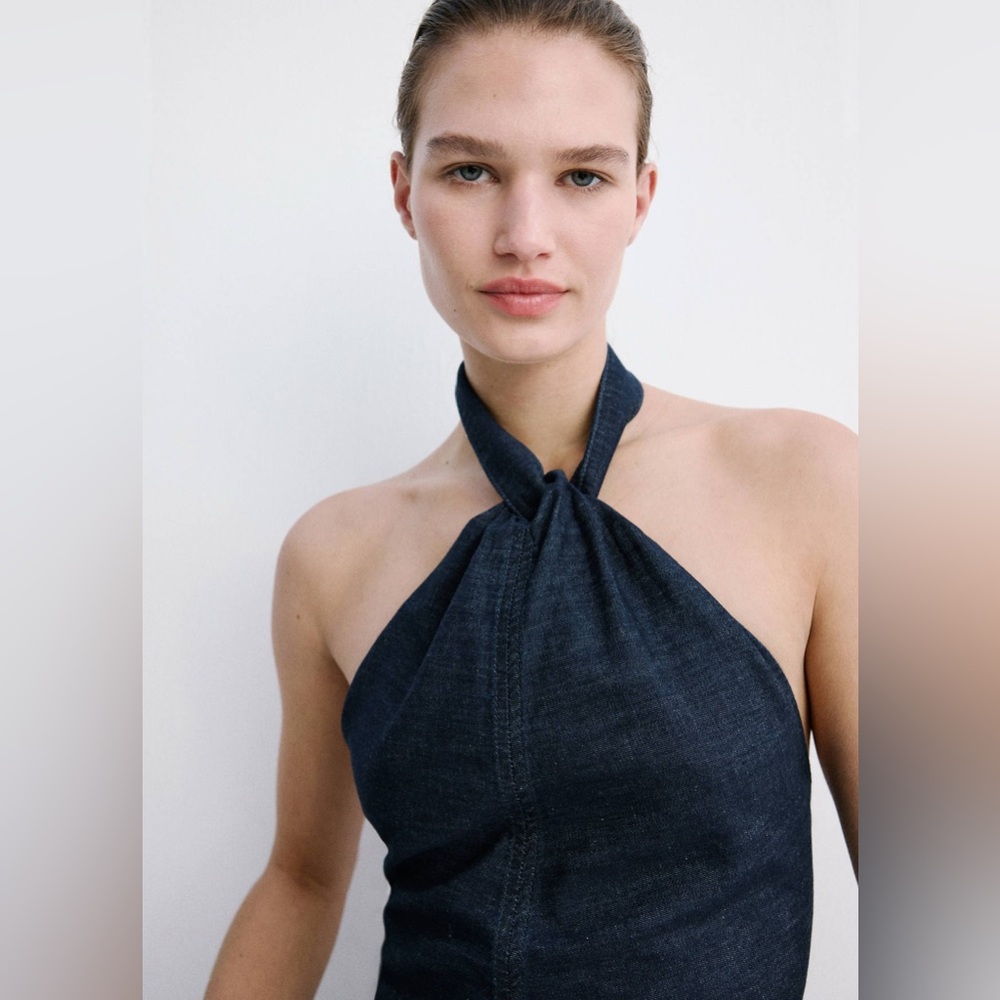 NWT MANGO Halter Neck Denim Top in Open Blue